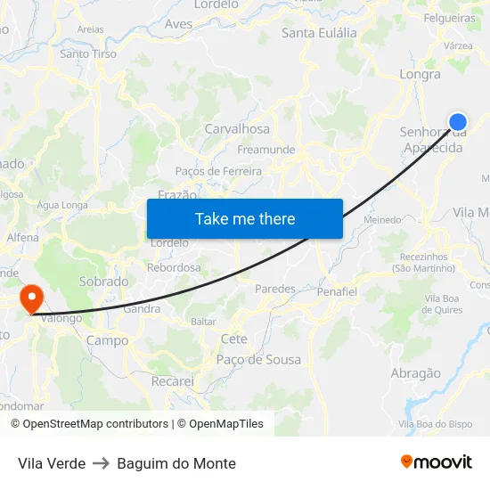 Vila Verde to Baguim do Monte map