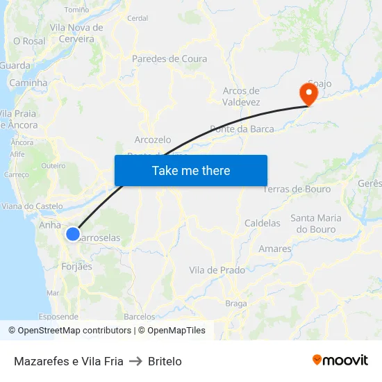 Mazarefes e Vila Fria to Britelo map