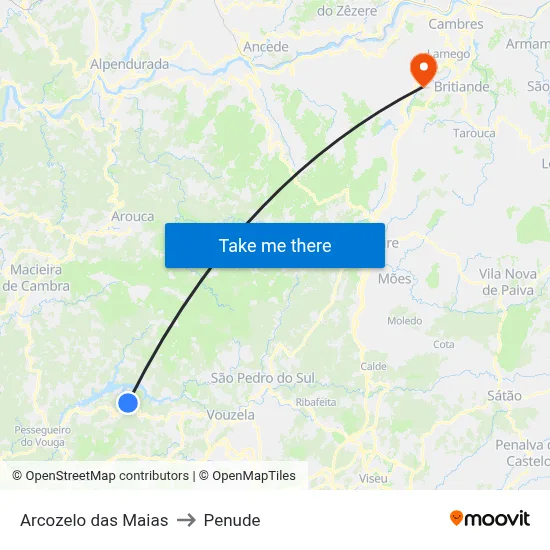 Arcozelo das Maias to Penude map
