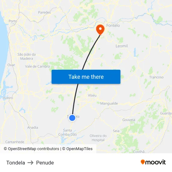 Tondela to Penude map