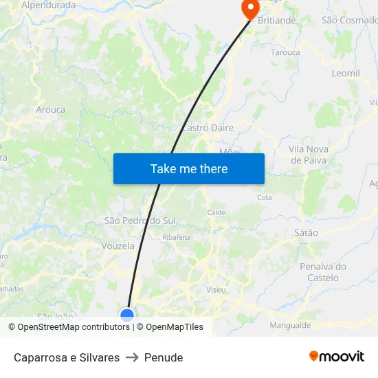 Caparrosa e Silvares to Penude map