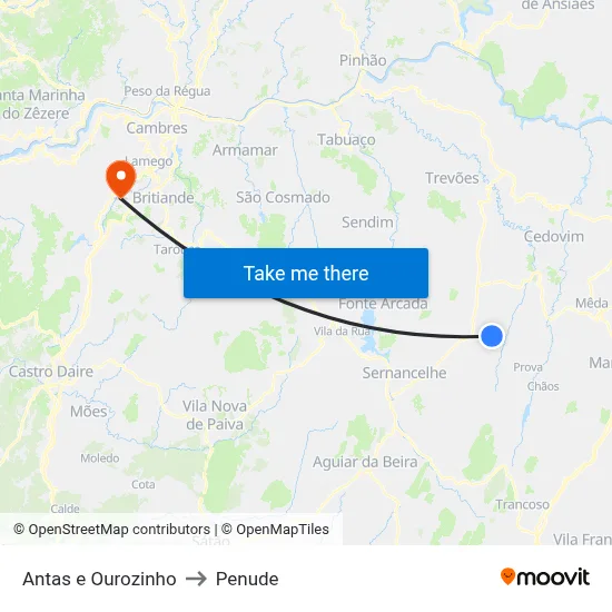 Antas e Ourozinho to Penude map