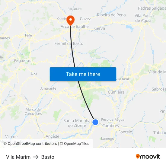 Vila Marim to Basto map