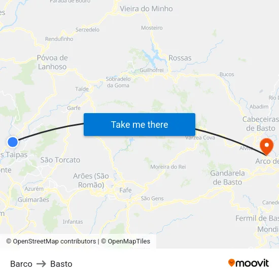 Barco to Basto map