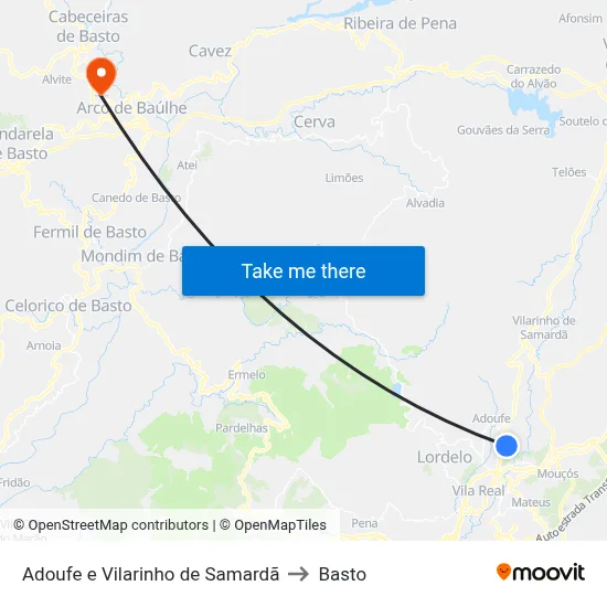 Adoufe e Vilarinho de Samardã to Basto map