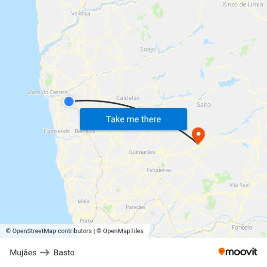 Mujães to Basto map