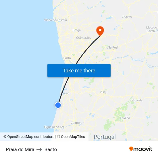 Praia de Mira to Basto map