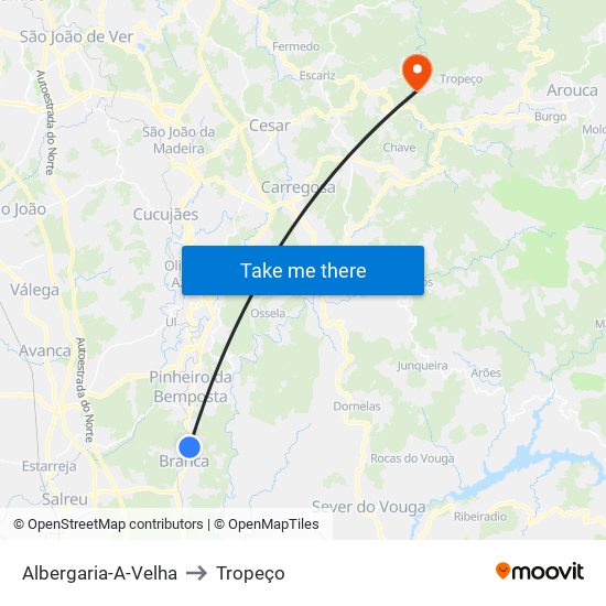 Albergaria-A-Velha to Tropeço map