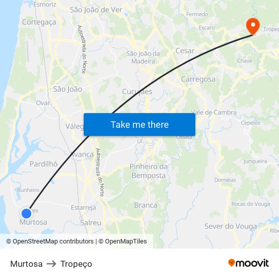 Murtosa to Tropeço map