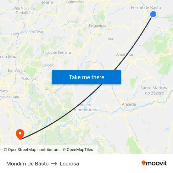 Mondim De Basto to Lourosa map