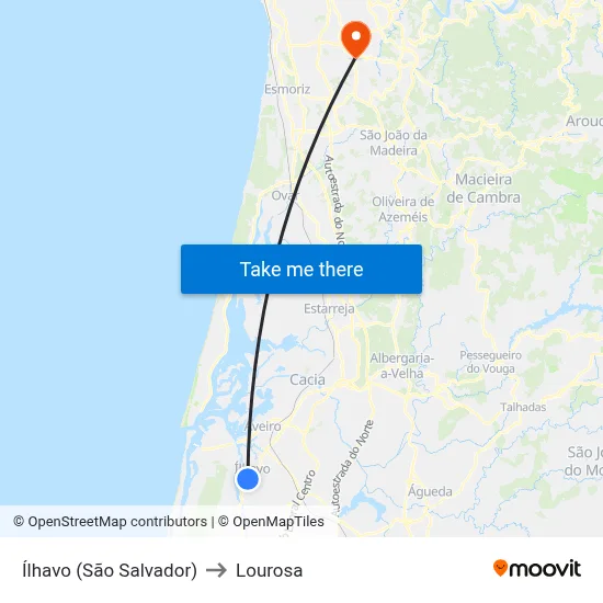 Ílhavo (São Salvador) to Lourosa map