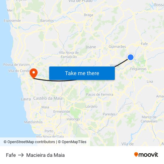 Fafe to Macieira da Maia map