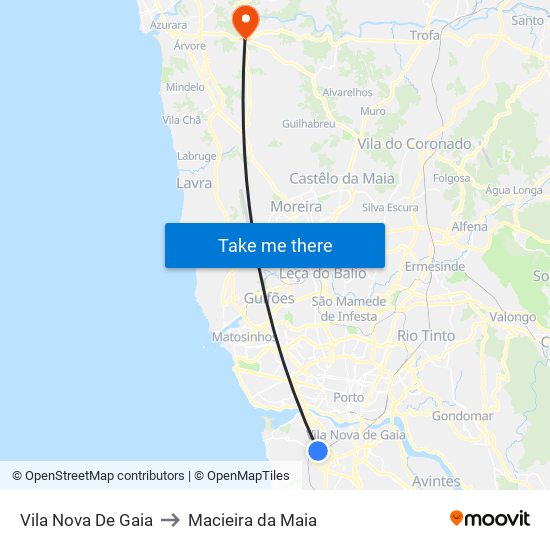 Vila Nova De Gaia to Macieira da Maia map