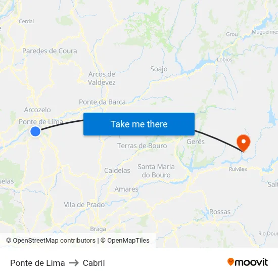 Ponte de Lima to Cabril map