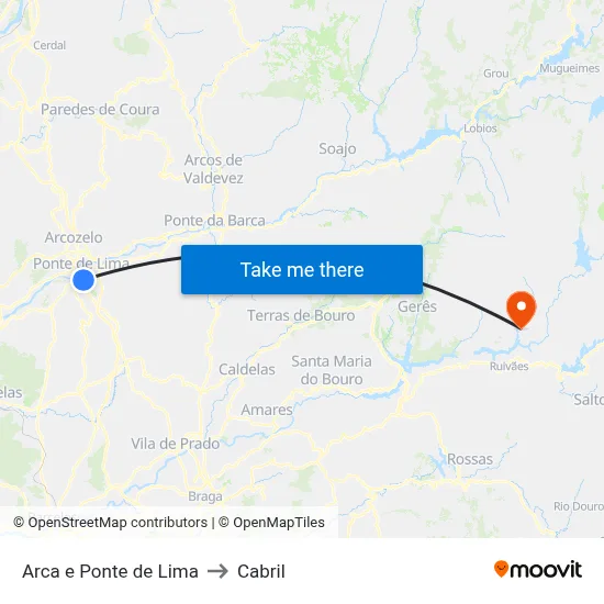 Arca e Ponte de Lima to Cabril map
