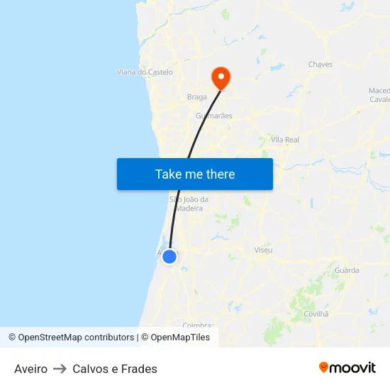 Aveiro to Calvos e Frades map