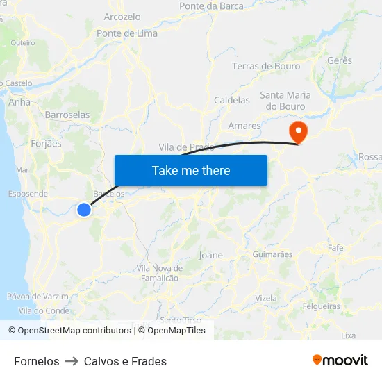 Fornelos to Calvos e Frades map