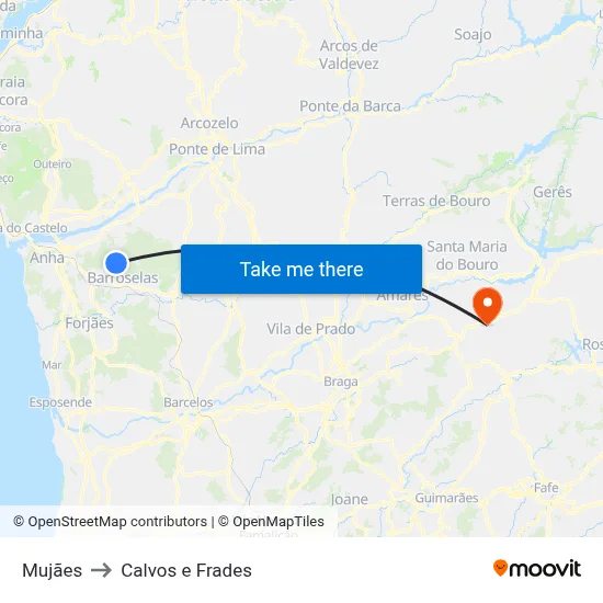 Mujães to Calvos e Frades map