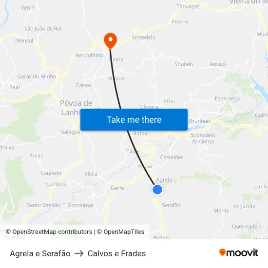 Agrela e Serafão to Calvos e Frades map