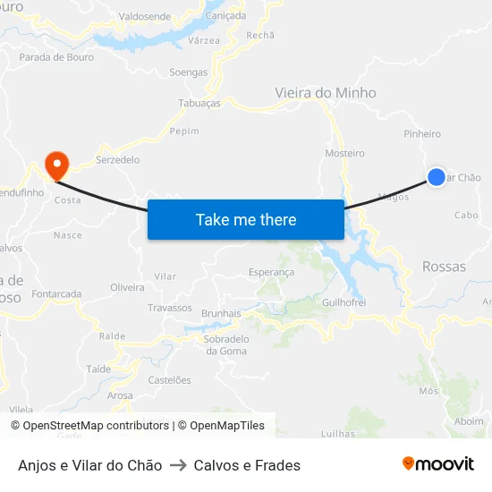 Anjos e Vilar do Chão to Calvos e Frades map