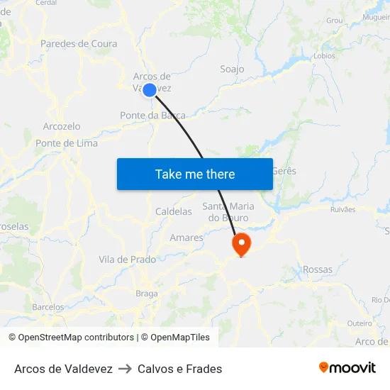 Arcos de Valdevez to Calvos e Frades map