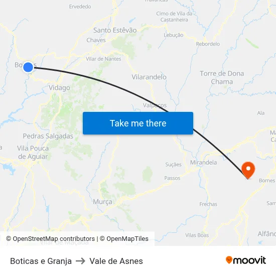Boticas e Granja to Vale de Asnes map
