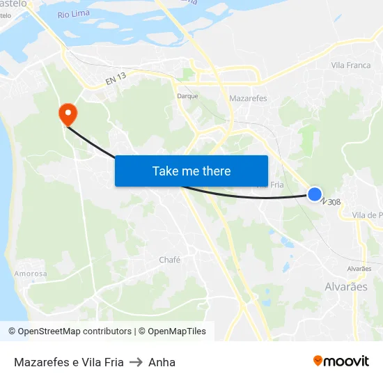 Mazarefes e Vila Fria to Anha map