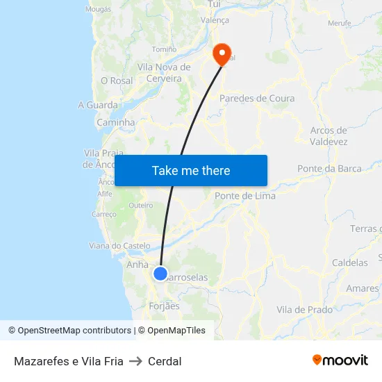 Mazarefes e Vila Fria to Cerdal map