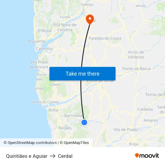 Quintiães e Aguiar to Cerdal map