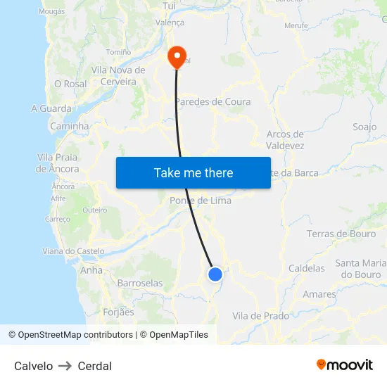 Calvelo to Cerdal map
