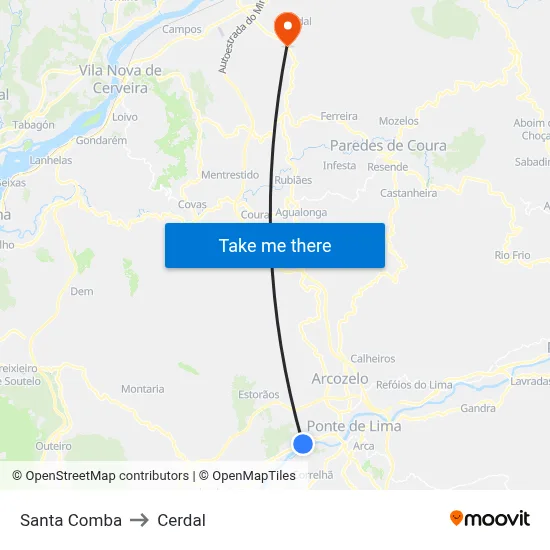 Santa Comba to Cerdal map