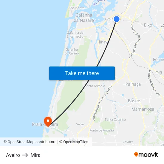 Aveiro to Mira map