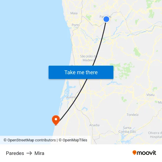 Paredes to Mira map