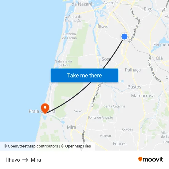 Ílhavo to Mira map
