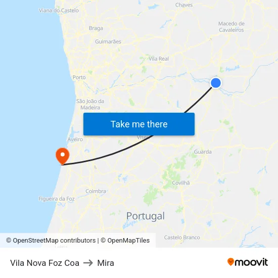 Vila Nova Foz Coa to Mira map
