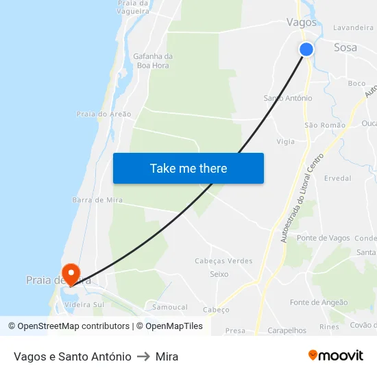 Vagos e Santo António to Mira map