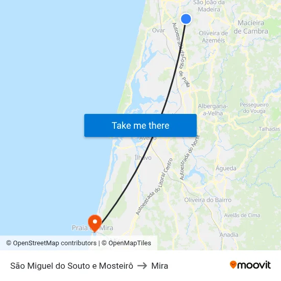 São Miguel do Souto e Mosteirô to Mira map