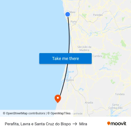 Perafita, Lavra e Santa Cruz do Bispo to Mira map