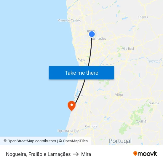 Nogueira, Fraião e Lamaçães to Mira map