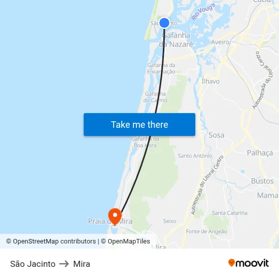 São Jacinto to Mira map