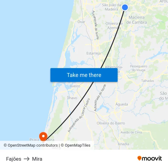 Fajões to Mira map