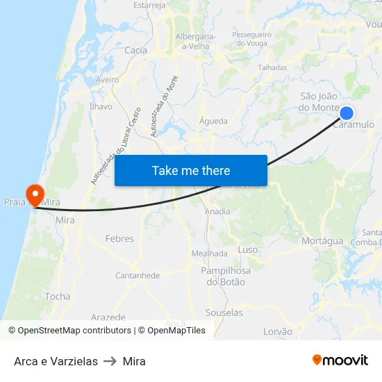 Arca e Varzielas to Mira map