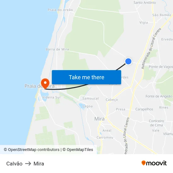 Calvão to Mira map