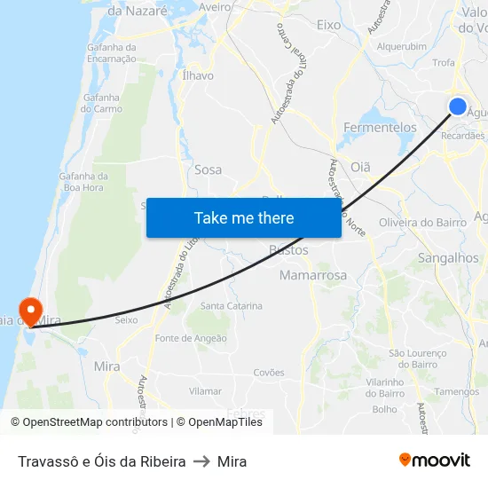 Travassô e Óis da Ribeira to Mira map