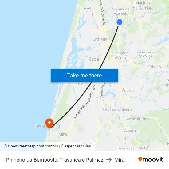 Pinheiro da Bemposta, Travanca e Palmaz to Mira map