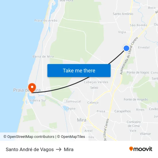 Santo André de Vagos to Mira map