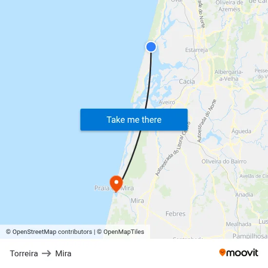 Torreira to Mira map