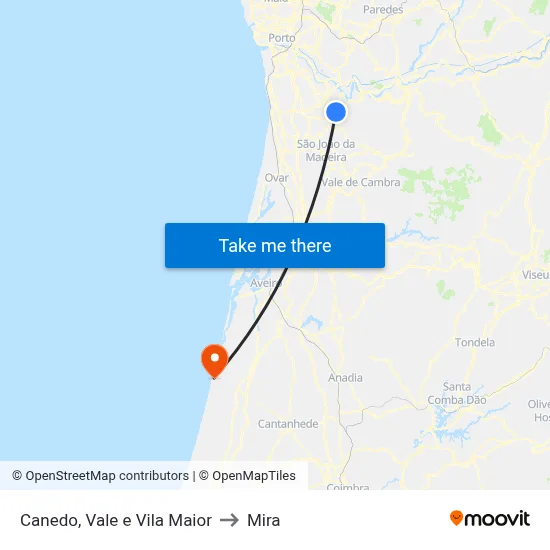 Canedo, Vale e Vila Maior to Mira map