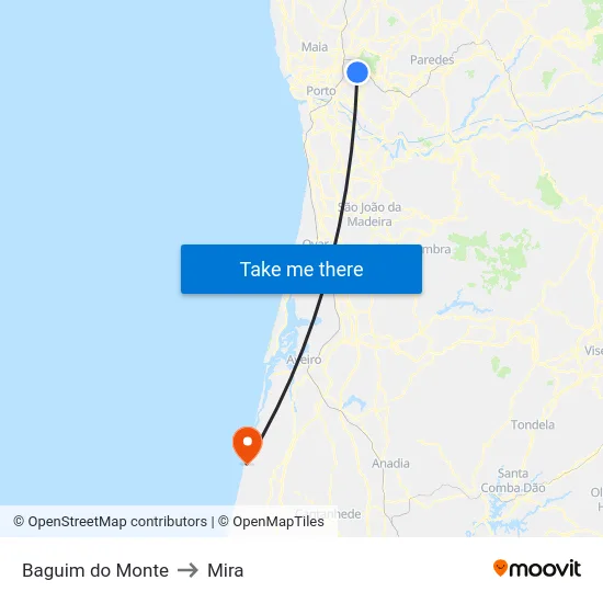 Baguim do Monte to Mira map