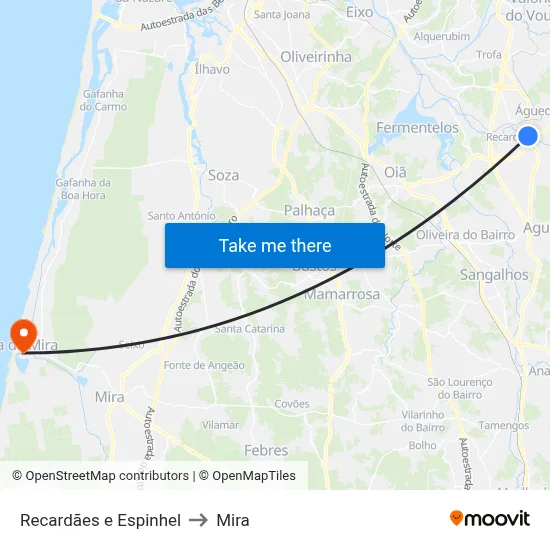 Recardães e Espinhel to Mira map